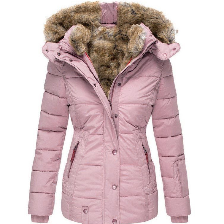 Amazon New Winter Warm Fur Collar Cotton-padded Jacket Women's Zipper Long-sleeved Slim-fit Cotton-padded Jacket Hooded Coat W128