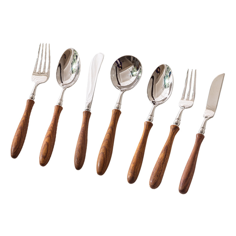 Yixin Wooden Handle Tableware Accessible Luxury Huanghuali 304 Stainless Steel Tableware Household Retro Knife, Fork and Spoon Tableware Set