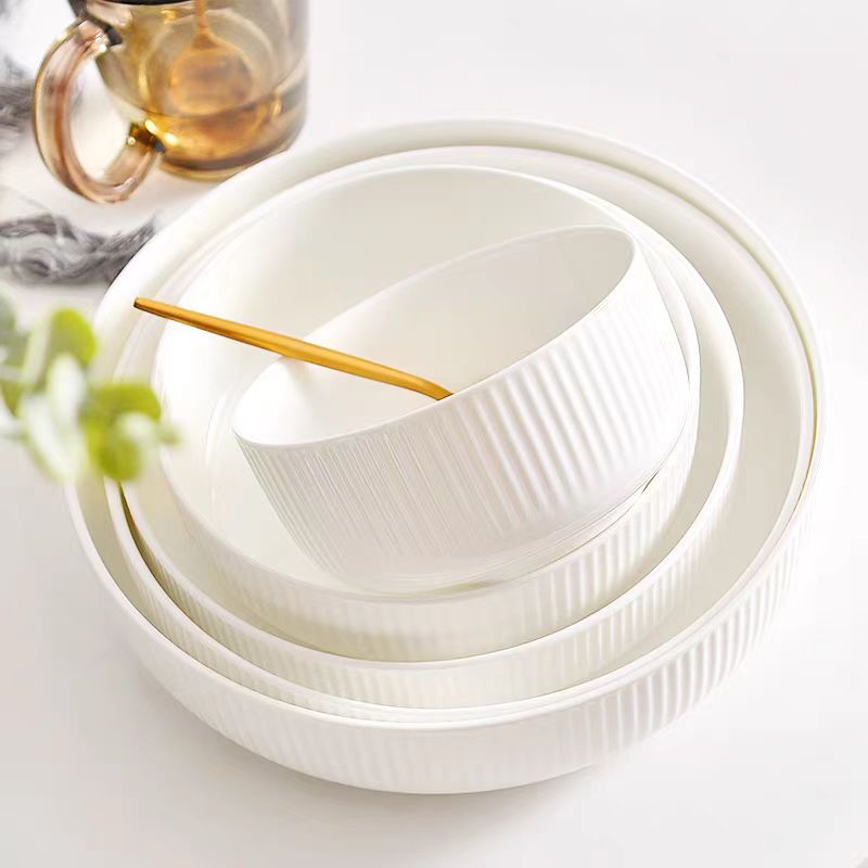 Restaurant Ceramic Dinner Plate Bone China Dish Plate Home Pure White Plate High-grade Nest Plate Rice Bowl Vertical Pattern New Style Simple Tableware