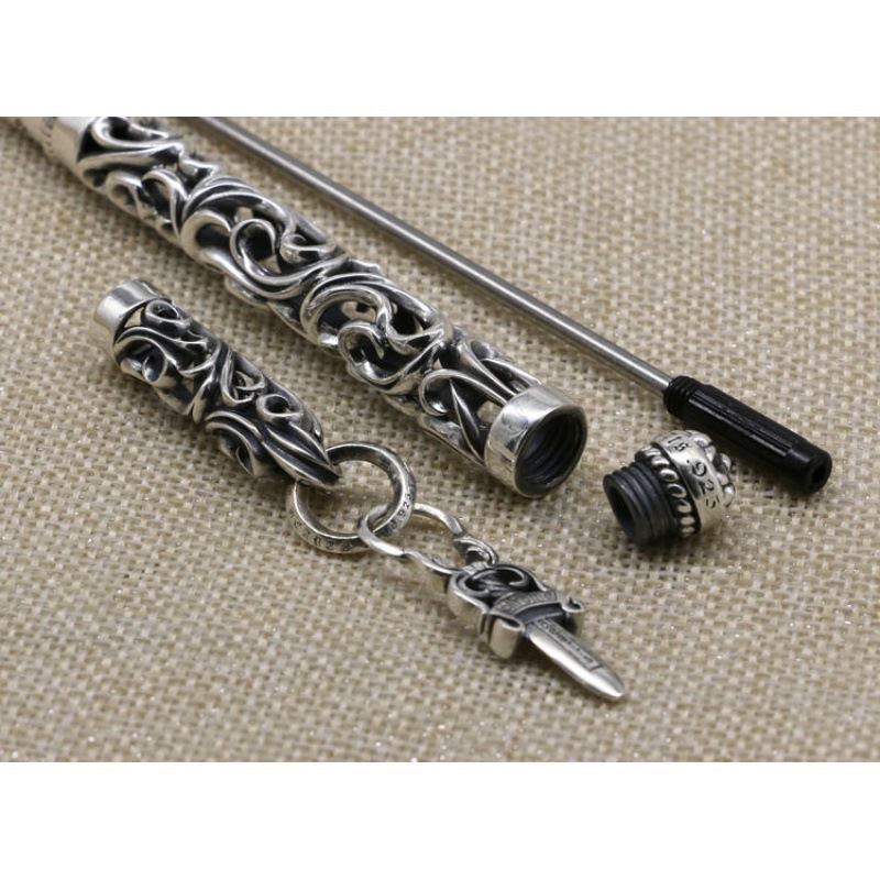 Sterling Silver Sword Ballpoint Pen Retro Hollow Tang Grass Pattern Business Men's High-grade Signature Pen Silver Decoration Craft Gift