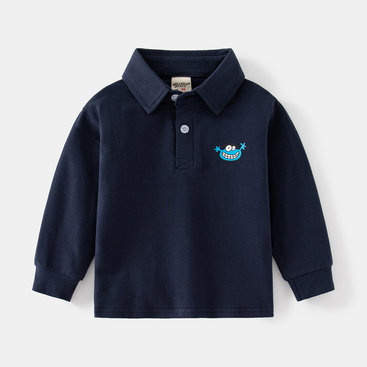 Handsome Boys' Autum Warm Long-Sleeved Polo Shirt, Two-Button Fashionable Stand-Up Collar Small Animal Cartoon Print Shirt