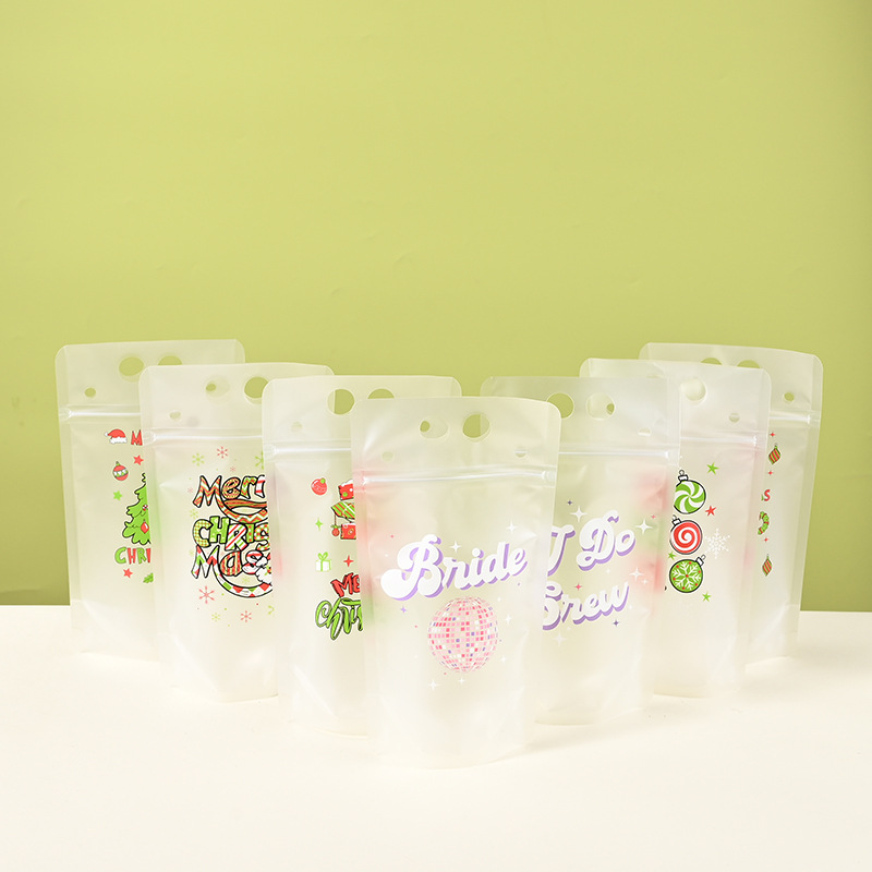 Cross-Border Christmas Beverage Bags Disposable Soy Milk Bags Milk Tea Juice Coffee Packaging Bags Portable Ziplock Bags in Stock