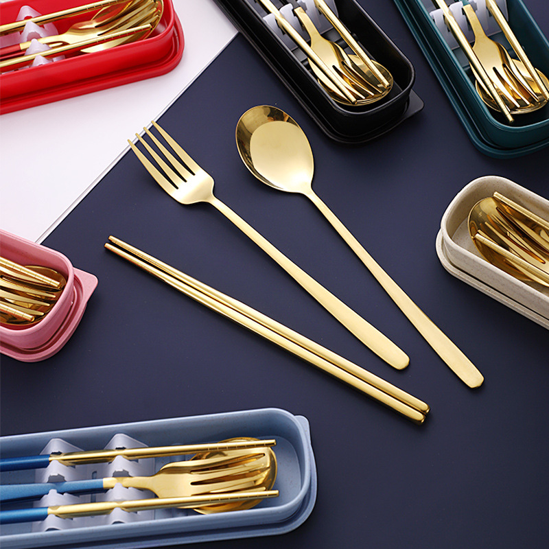 Stainless Steel Korean Portable Tableware Fork Spoon Chopsticks Set Gift Storage Box Student Tableware Three-Piece Set