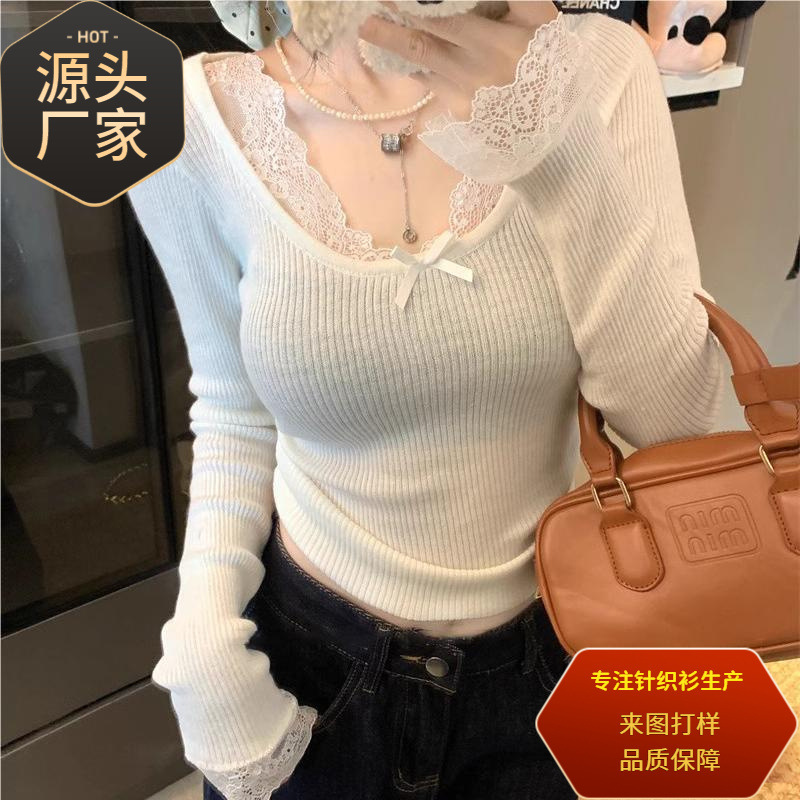 Женский свитер с длинным рукавом и кружевной отделкой, новый стиль для ранней осени