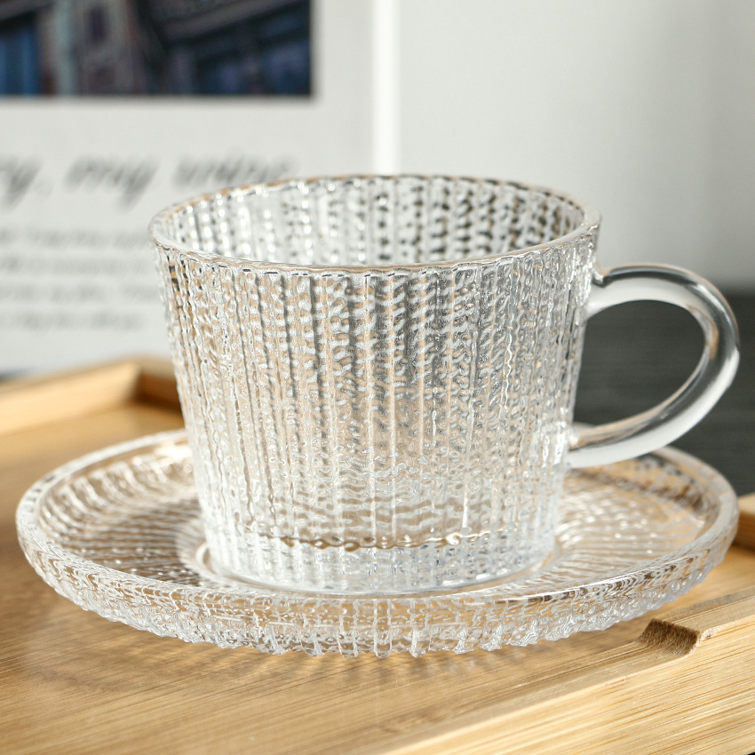 Red Tea Cup Coffee Glass Set Six Cups Six Saucers Cross-Border Vertical Pattern Relief Pattern Coffee Cup Black Tea Cup