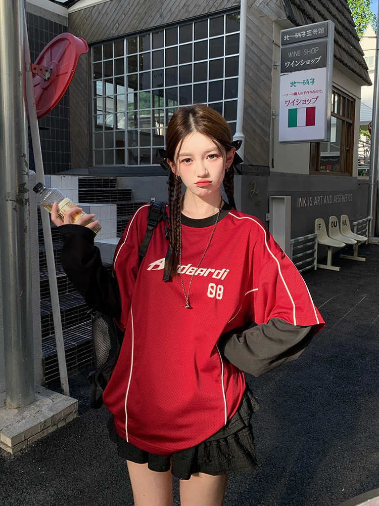 Andeardi Design Fake Two-Piece Contrasting Color Splicing Long-Sleeved T-Shirt Women's Summer Lightweight Breathable Jersey Style Top