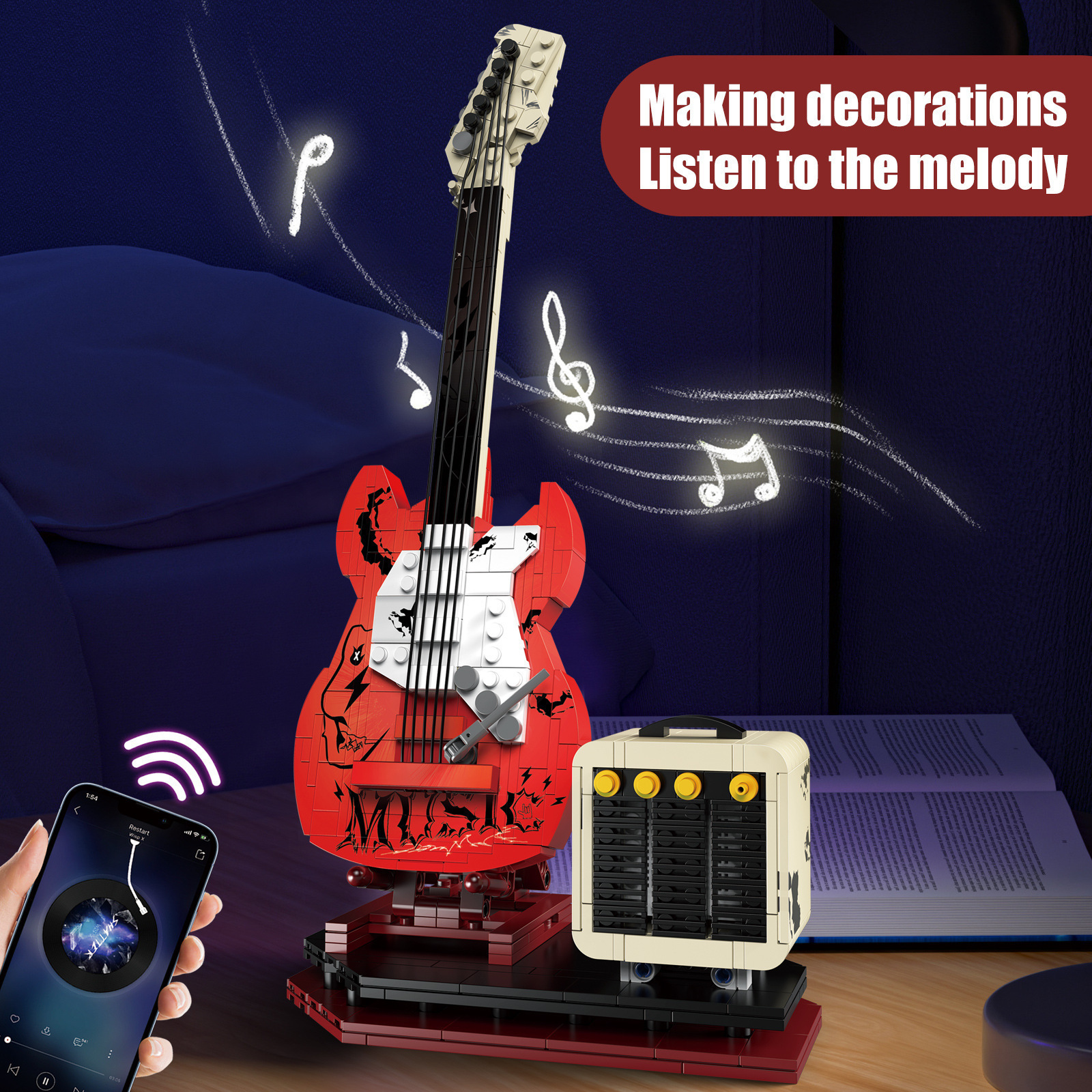 Cross-border Assembled Guitar Building Blocks Connectable Bluetooth Audio Home Decoration Creative Small Particle Assembled Toys