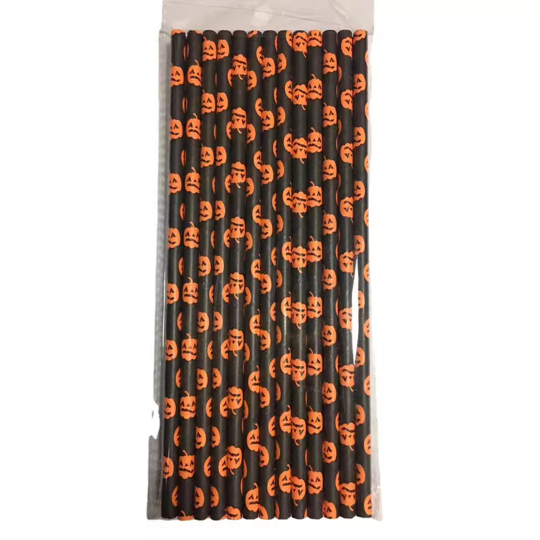 Degradable Disposable Yiwu Halloween Straw Paper Color Skull Party Dessert Pastry Decorative Beverage Suction