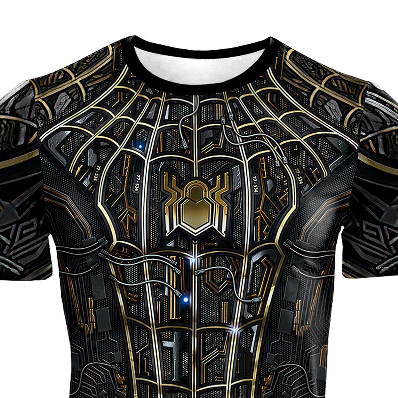 2025 Cross-Border Foreign Trade New Model Marvel Spider Web Print Black and Gold Tight-Fitting Short-Sleeved T-Shirt Casual Sports Fitness Quick-Drying