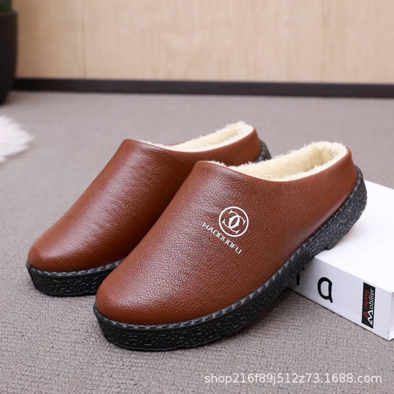 Women's waterproof cotton slippers winter home thick bottom non-slip cotton slippers men's and women's indoor warm cotton slippers new leather surface