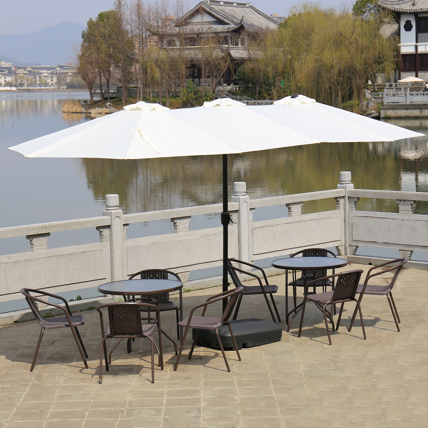 Outdoor Parasol Three-head Umbrella Roman Umbrella Commercial Large Sun Umbrella Rectangular Middle Column Patio Umbrella Outdoor Stall