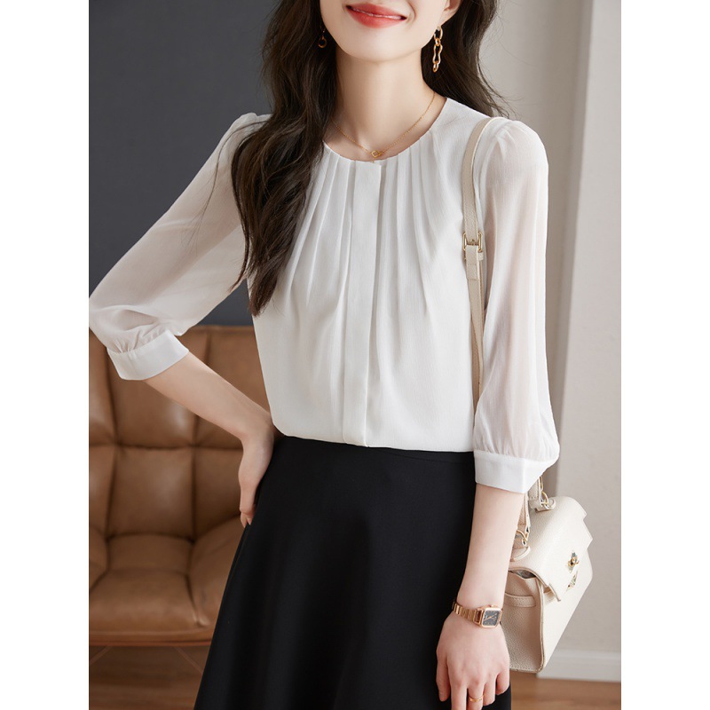 Real Shot of 2025 Spring New Three-Quarter Sleeve Chiffon Shirt Women's Versatile Shirt Cardigan Elegant Commuter Top