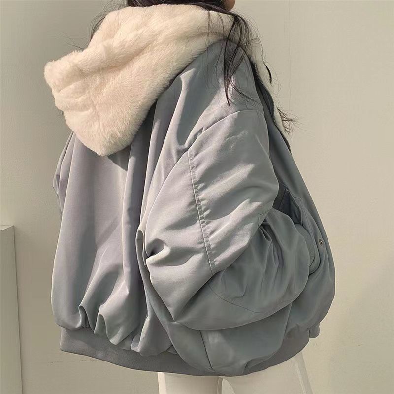 South Korea fleece-lined thickened double-sided lamb wool cotton-padded coat women's coat winter New zipper hooded cotton-padded coat top