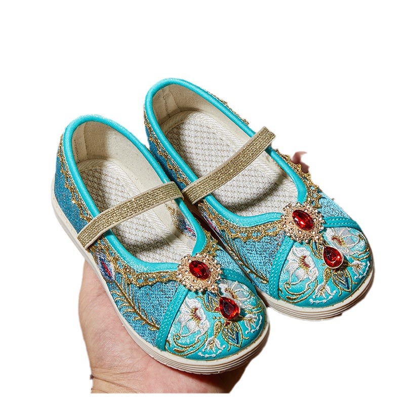 Hanfu Embroidered Shoes Princess Jasmine Girls Old Beijing Cloth Shoes Embroidered Shoes Ethnic Style Ancient Clothing Children's Dance Shoes