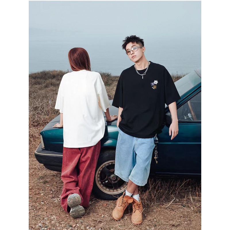 Summer Men's Hong Kong-style Ice Silk Short-sleeved T-shirt Men's Summer Explosions Loose All-match Men's and Women's Crewneck Printed White T