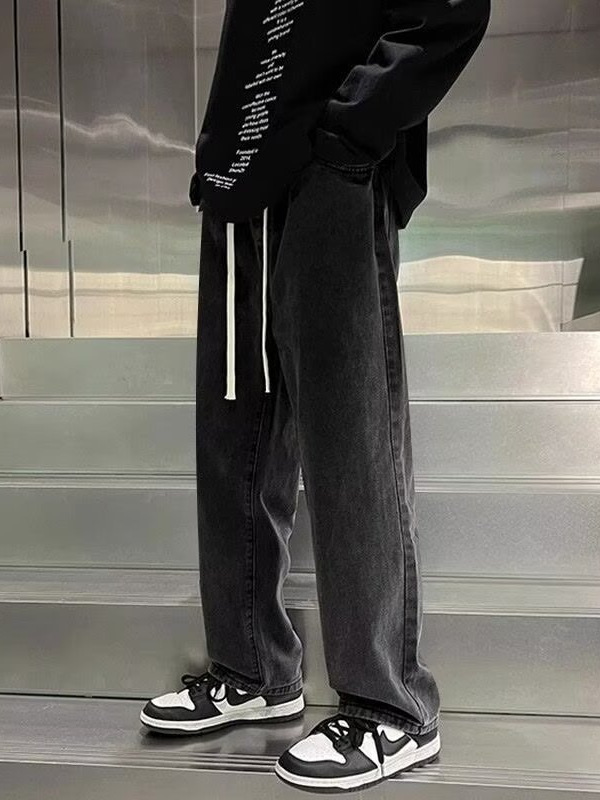 Elasticated Waist Jeans Men's Summer New Loose Straight Wide Leg Trousers Fashionable Brand Retro Casual Pants for Boys