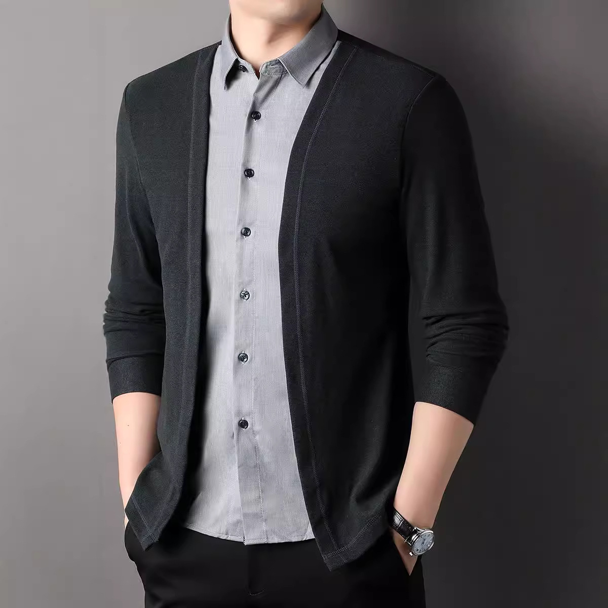 2024 Autumn New Men's Fake Two-Piece Shirt Sweater Cardigan Casual Business Sweater Sweater Jacket Men's Clothing