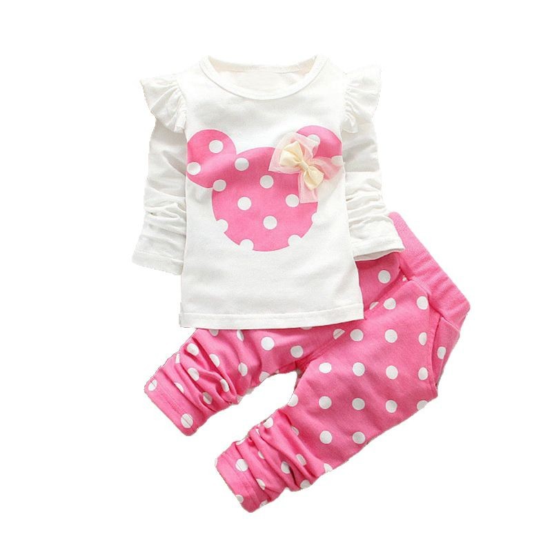 2025 Spring and Autumn Minnie Print Girls' Suit Cute Polka Dot Two-Piece Set Children's Pull-Up Fabric Long-Sleeved Pants