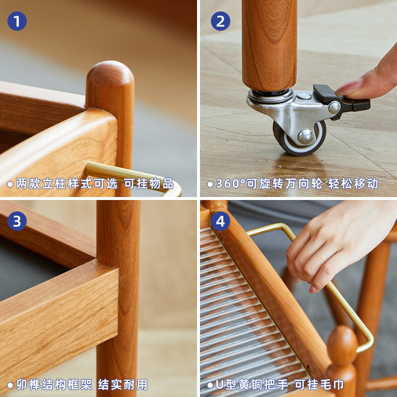 Solid Wood Movable Side Table Cherry Wood Trolley Nordic Cream Style Living Room Dining Room Balcony Corner Table