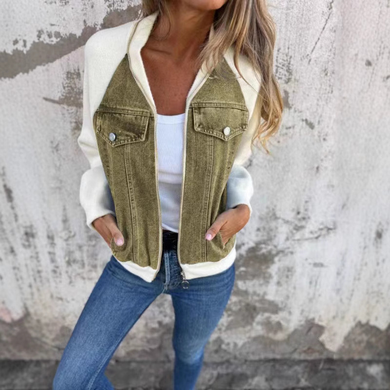 Cross-border Europe and the United States 2024 autumn and winter new Denim stitching jacket Amazon casual fashion rub shoulder sleeve coat women's clothing