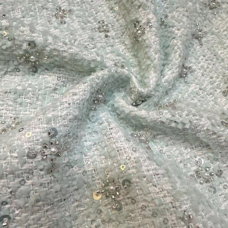 Trendy Tweed Fabric Wool Coarse Fabric with Gold Thread Bead Embroidery for Coats and Autumn/Winter Dresses with Gold Embroidery