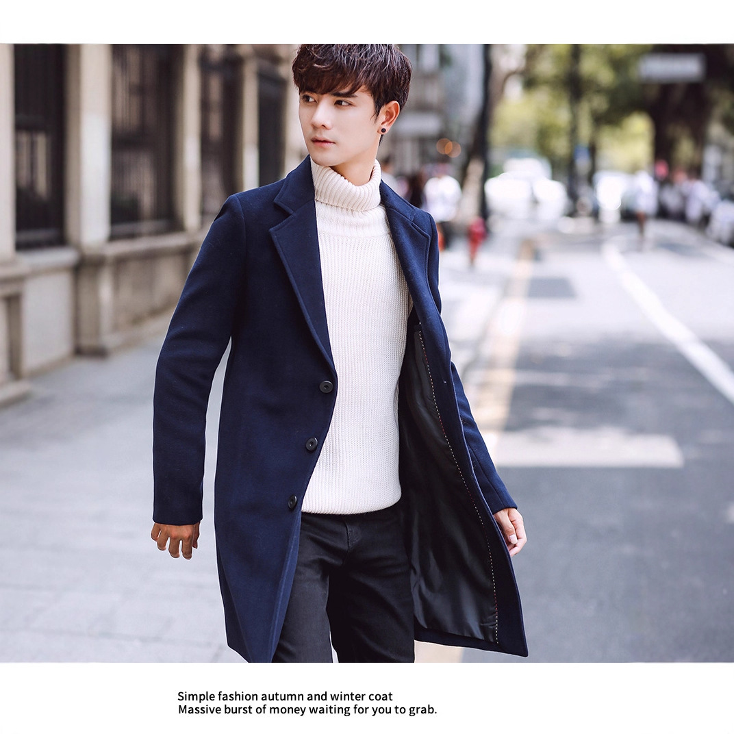 Woolen Outwear 2024 New Korean Style Slim Mid-Length Windbreaker Outwear Men's Thickeneded Warm Woolen Outwear