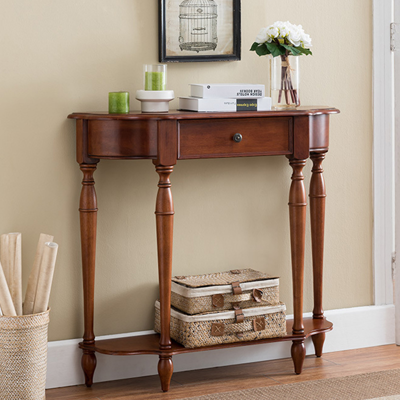 European Style Solid Wood Entrance Hall Entrance Table American Style Entrance Table Semi-round Entrance Cabinet Corridor Wall Table Decorative Table