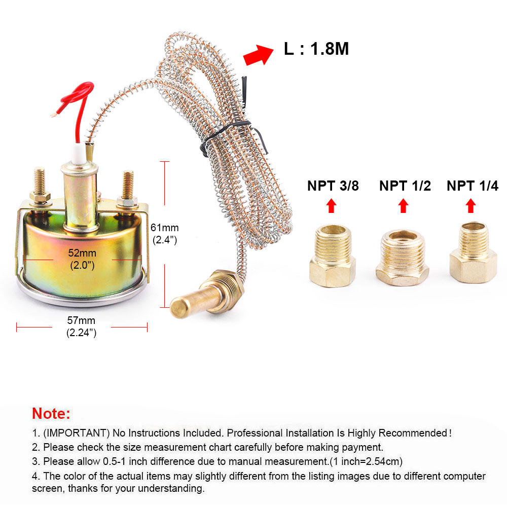 Car Modified Mechanical Water Temperature Gauge Dual Display 50-140 ℃ /130-280 ℉ With 3 Adapters