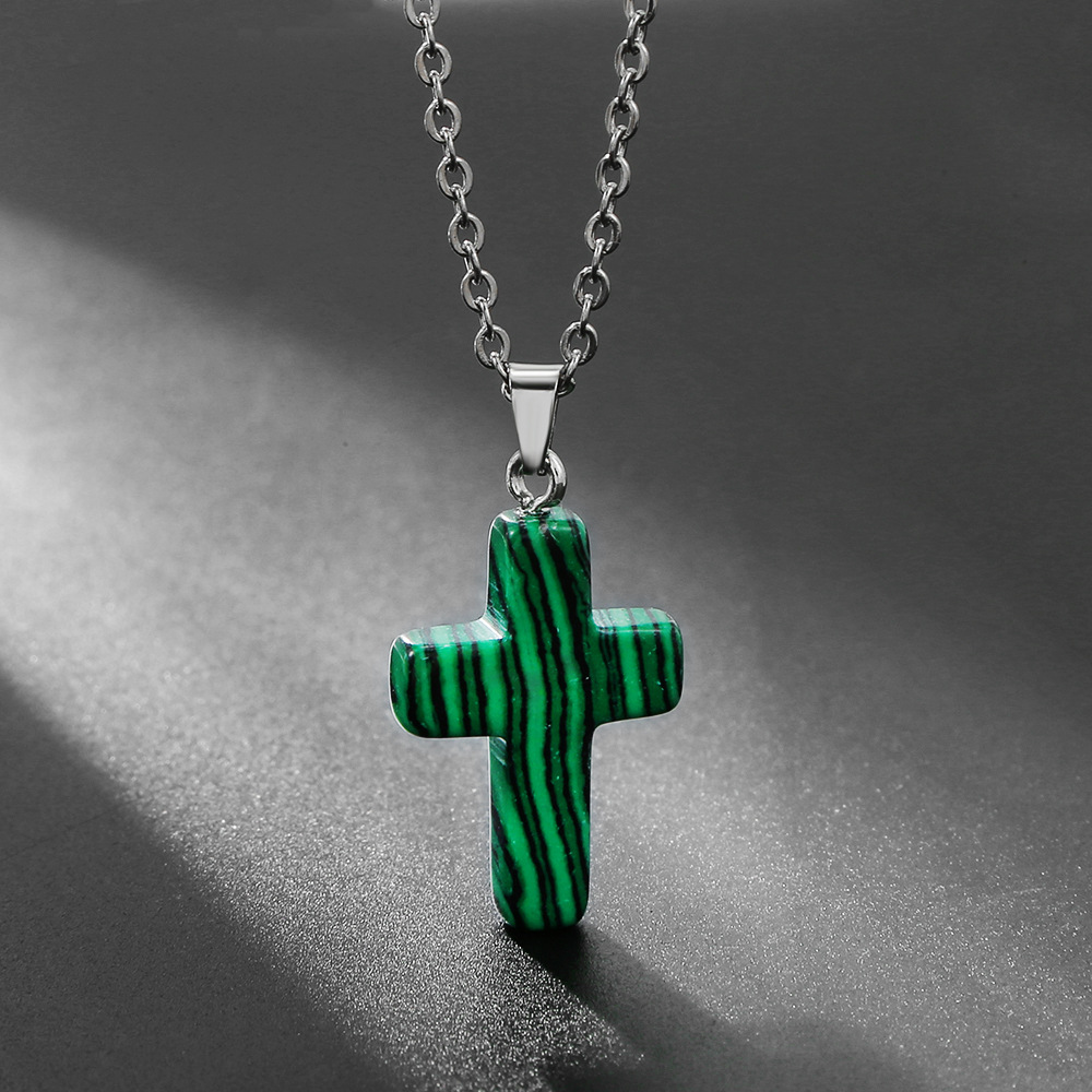 Cross-Border Hot Selling Natural Stone Pendant Cross Necklace Obsidian Malachite White Turquoise European and American Popular Jewelry