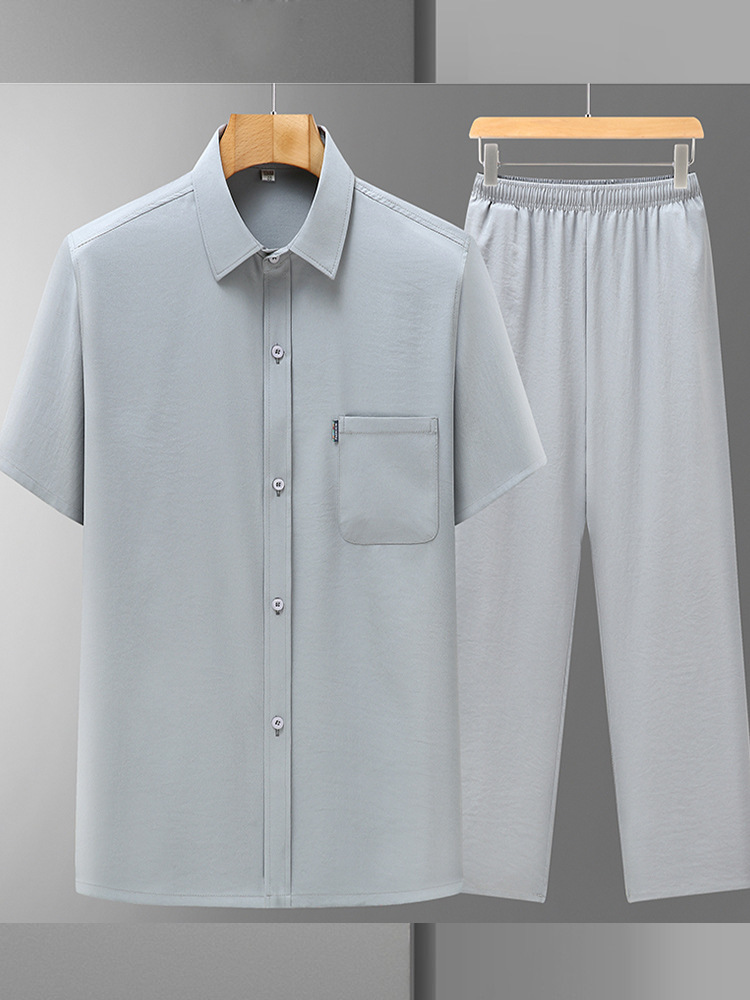 Men's Summer Middle-Aged and Elderly Dad Shirts Men's Cotton and Linen Short-Sleeved Trousers Chinese Style Suit Thin Loose Suit