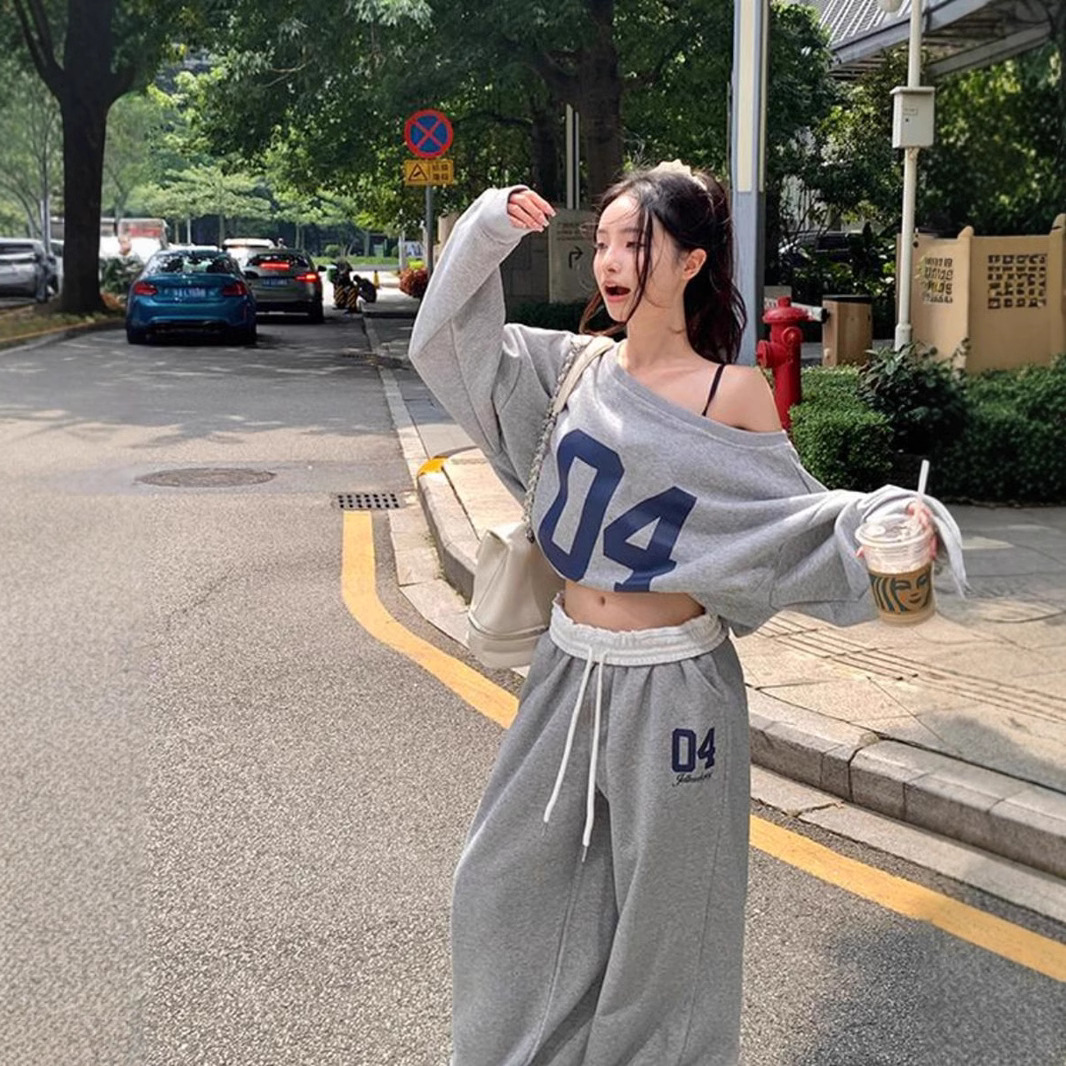 2024 American Retro Letter Printed Wide Leg Pants Women's Early Autumn New Loose Casual Vertical Slim-fit Mop Pants