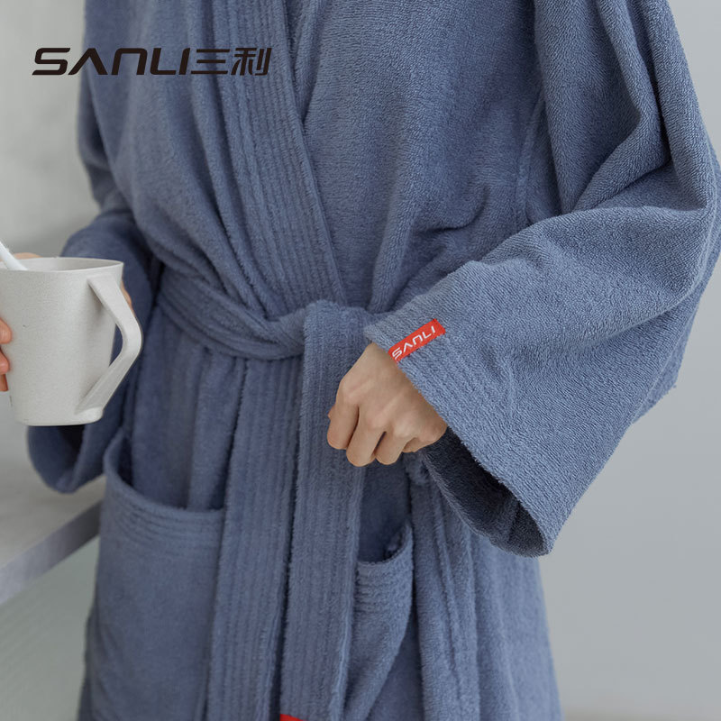Sanli Towel Hotel Bathrobe Pure Cotton Thickened Cut Fleece Towel Material Hotel Nightgown Adult Bathrobe Embroidered logo OEM