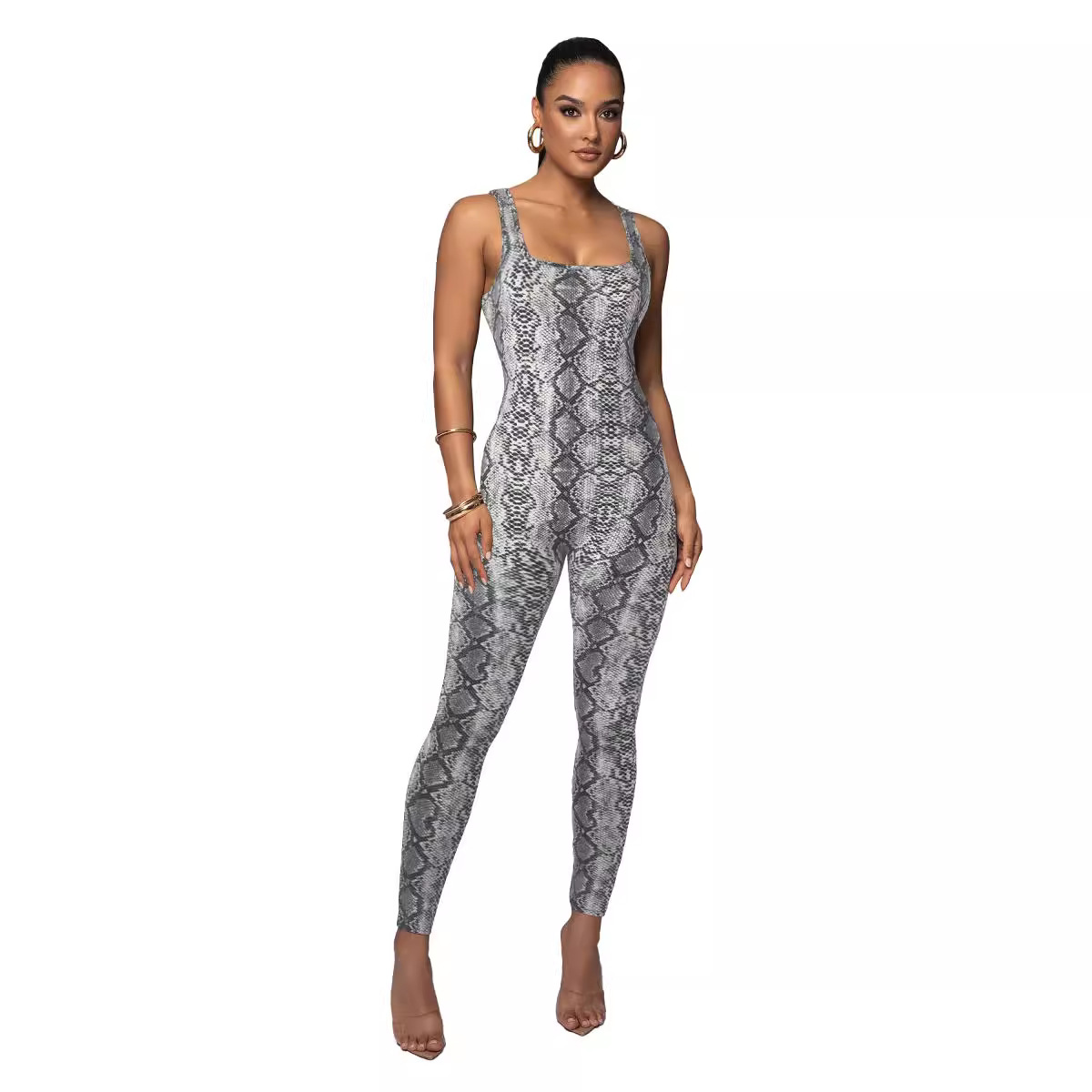 Foreign Trade Women's Printed Sleeveless Vest Jumpsuit Threaded Square Collar Backless Hip Slim-fit Sports Jumpsuit in stock