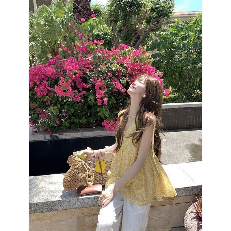 Korean New Style 2025 Summer Sweet and Beautiful Versatile Women's Lightweight V Neck Sleeveless Shirt Floral A-Hem Baby Doll Shirt