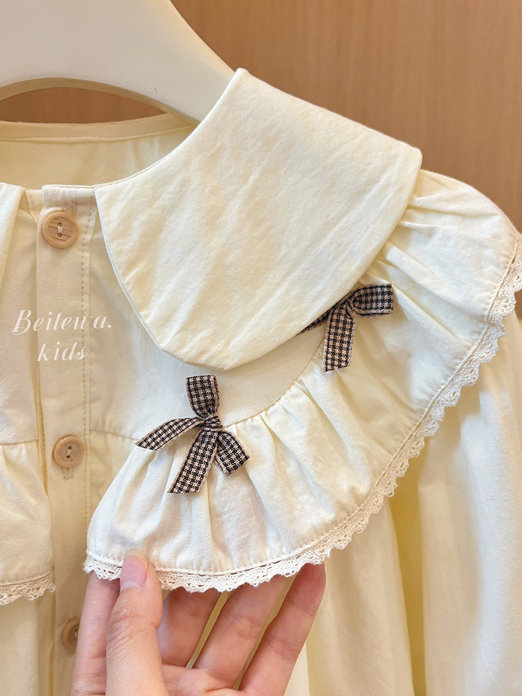Girls' Spring and Autumn New Shirt Bow Lace Shirt Baby Girl Trendy Western Style All-match Coat Fashionable Top