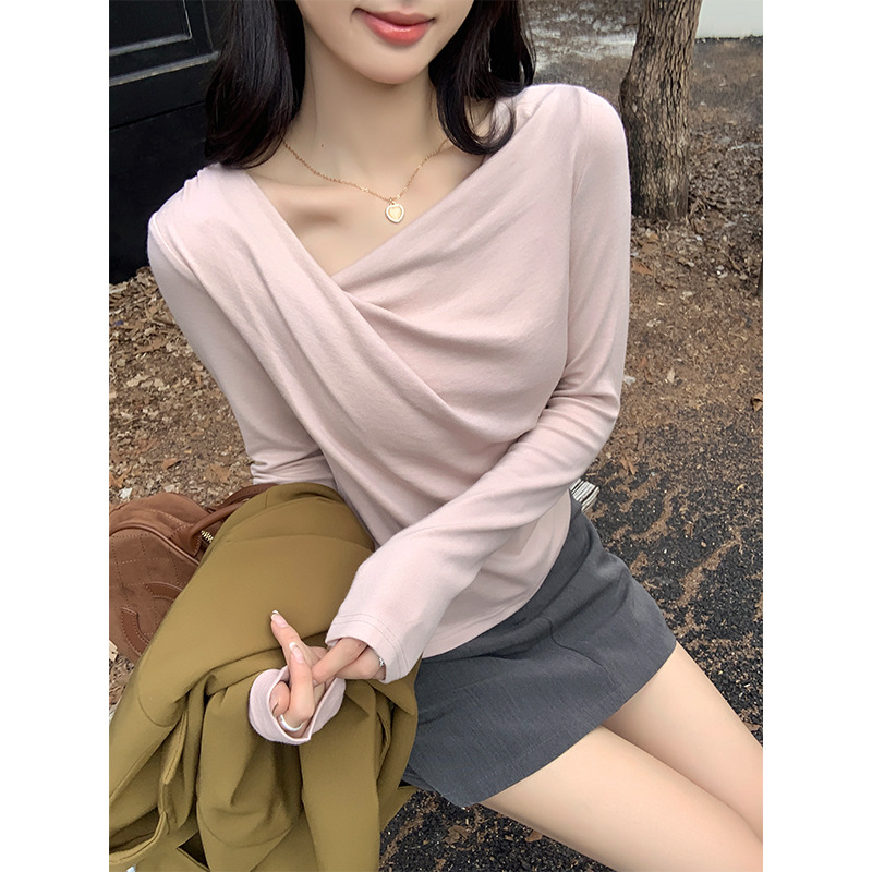 Pure Desire One-character Collar Shoulder Long-sleeved Sweater Women's Autumn and Winter Swing Collar Oblique Shoulder Pleated Tight Inner Base Top