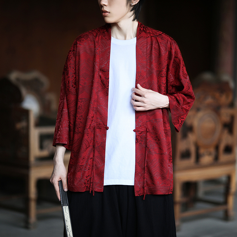 New Chinese Tang Suit Dragon Pattern Hanfu Men's Loose Summer Thin Three-Quarter Sleeve Ice Silk Robe Cape Sun Protection Jacket