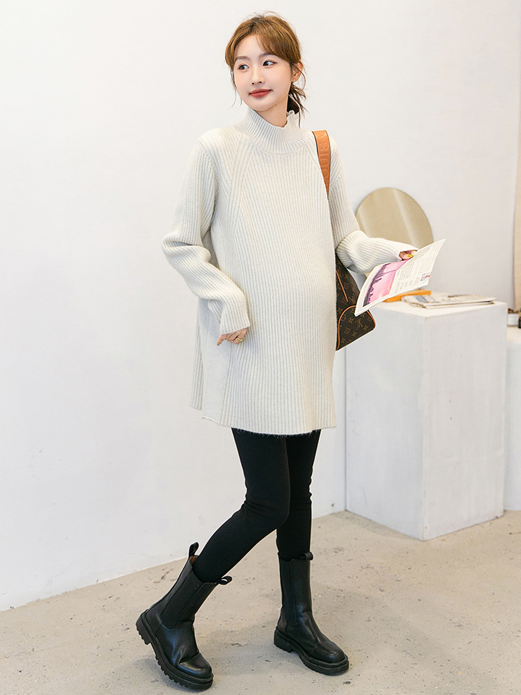 Autumn and Winter Pregnant Women's Dress Korean Style Pregnant Women's Sweater Half-turtleneck Mid-length Temperament Pregnant Women's Base Sweater Loose Casual