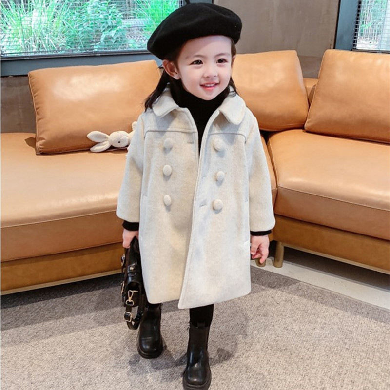 Korean Style Fashionable Children's Coat Winter Mid-Length Girls' Padded Thick Double-Breasted Woolen Coat Wholesale