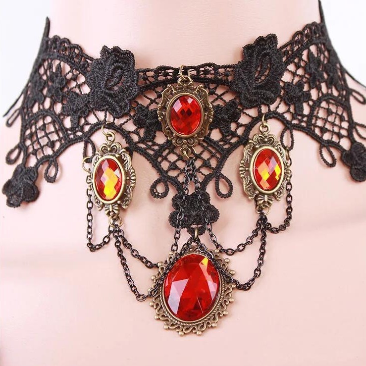 Europe and the United States exaggerated fashion lace necklace black rose flower gem pendant necklace manufacturers wholesale