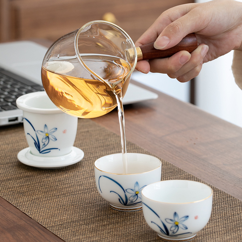 Hand-Painted Tea Water Separation Teapot Wooden Handle Side Handle Heat-Resistant Glass Teapot Ceramic Filter Liner Office Home