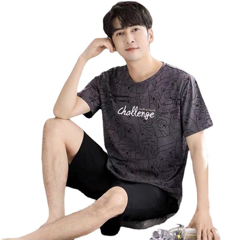 Youth men's pajamas summer short sleeve thin loose casual casual casual home wear for suit can be worn outside