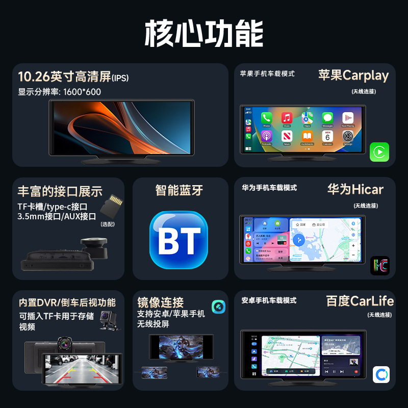 10.26inch Portable Wireless Carplay Car Bluetooth Mp5 Player with Driving Recorder Camera