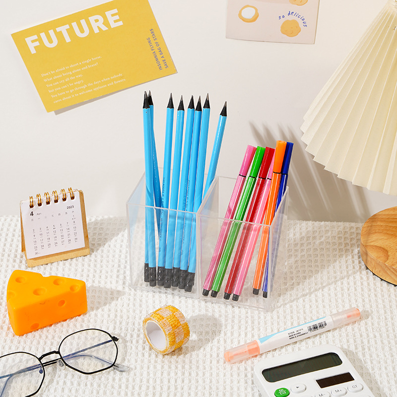 Square acrylic transparent pen holder simple storage stationery box multi-kinetic energy pen holder student pen holder storage container wholesale