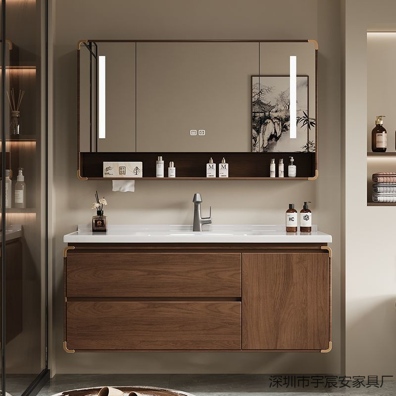 New Chinese Style Oak Bathroom Cabinet Ebony Wood Wash Basin Combination Ceramic Integrated Basin Bathroom Washstand