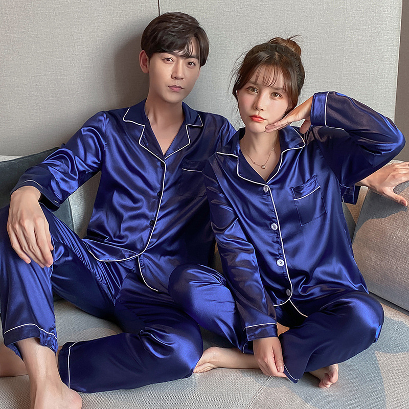 Couple Pajamas Ice Silk Summer Long-Sleeved Women's Cardigan Casual Loose Spring and Autumn Men's Middle-Aged and Young People's Large Size Home Clothes