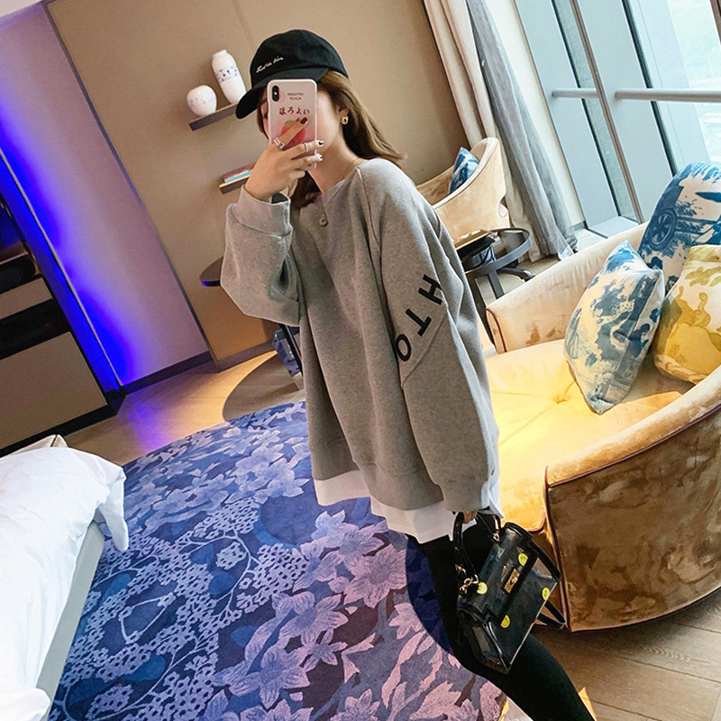 Grey Mid-length Pregnant Women's Sweat Women's Spring and Autumn Fake Two-piece Round Neck Split Long-sleeved Lazy Style Thin Fashionable Top