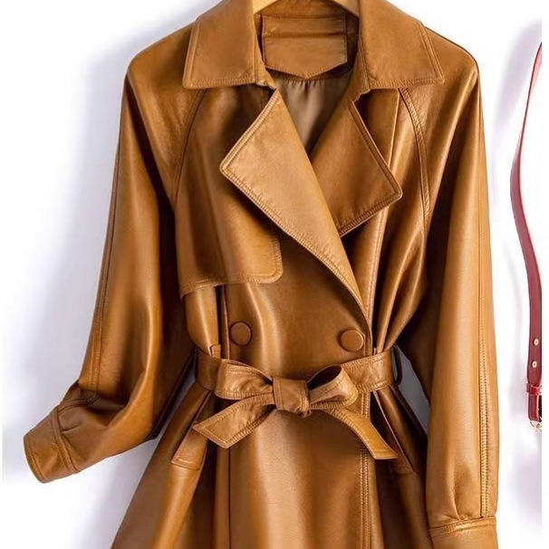 Low-Priced Spring and Autumn Haining Suit Collar Leather Jacket with Tie, Waist-Cinching, Slimming, Korean Style, British Trench Coat for Women