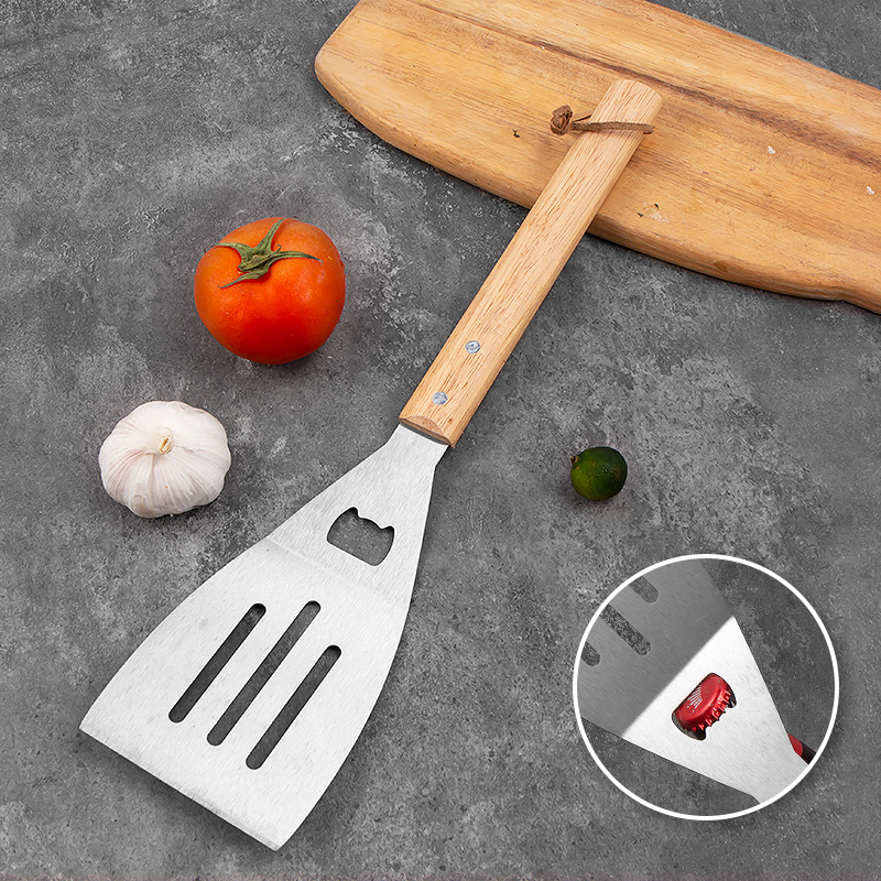 Spot Manufacturer Bbq Stainless Steel Barbecue Tool Set Outdoor Wooden Handle Fork and Spatula Clip Combination Complete Skewer