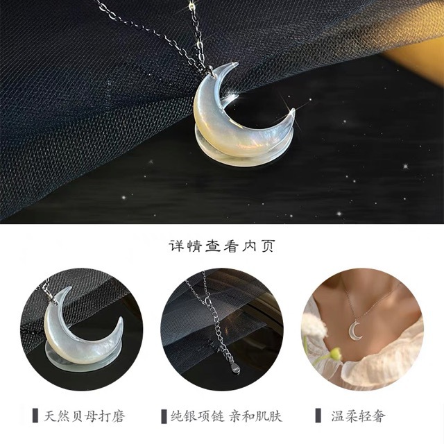 Shell Moon Necklace Italian Snowflake Chain s925 Plain Silver Fine Diamond Half Meniscus Fairy Design Niche Design